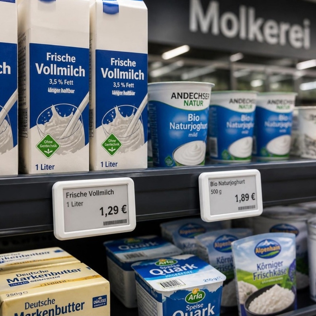 ESL Preisschilder Molkereiprodukte: Frische Vollmilch 1,29€, Bio Naturjoghurt 1,89€
